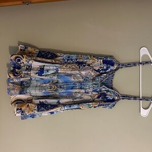 Camilla Blue & Gold Printed Spaghetti Strap Mini Dress